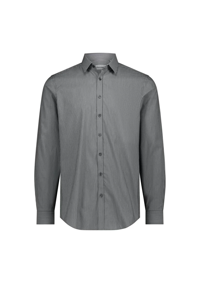 A men's slim fit long sleeve shirt in black and white stripes, featuring a collar and button-up front. Has a logo.