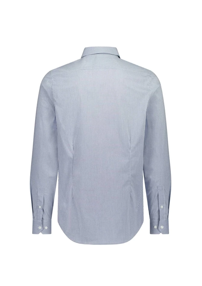 A blue and white checked slim fit long sleeve shirt with a back view and button cuffs. Includes a logo.