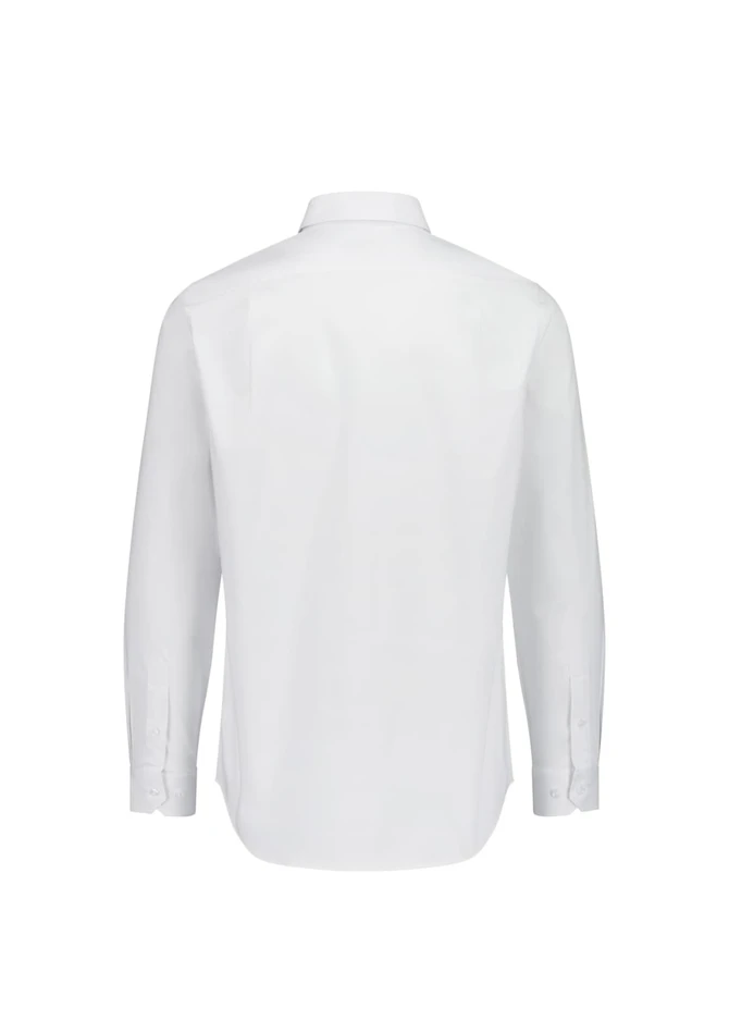 A white long sleeve shirt with a classic fit, featuring a collared neckline and buttoned cuffs. It has a logo visible.