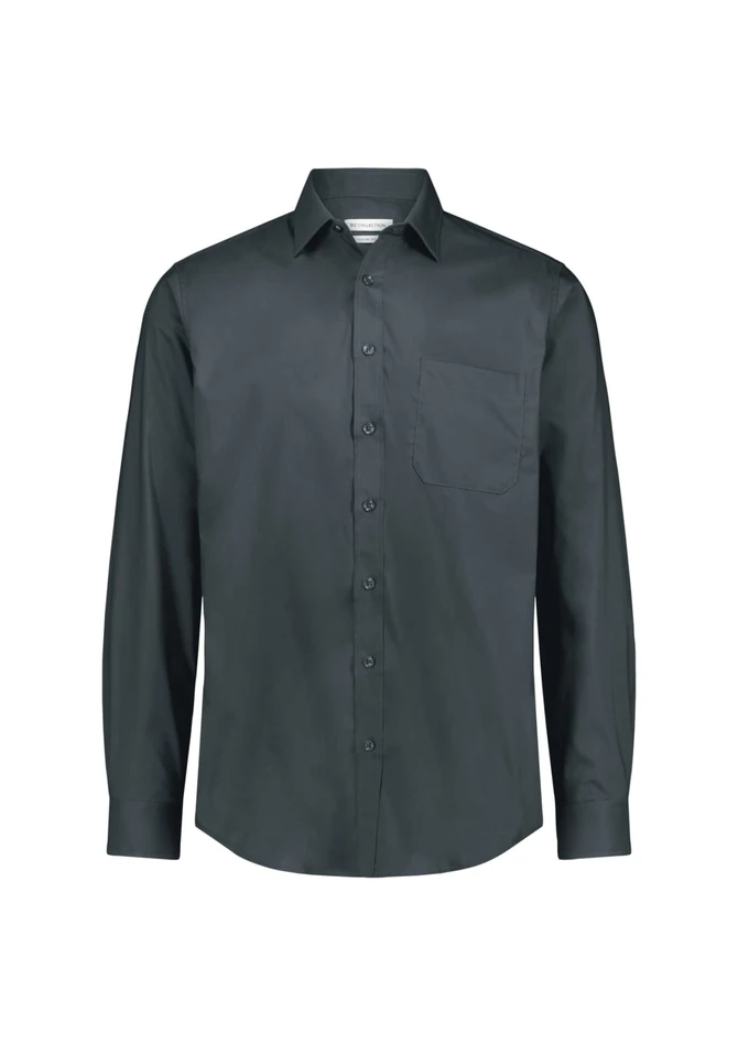A men's classic fit long sleeve shirt in dark grey with a single chest pocket and button-up front.