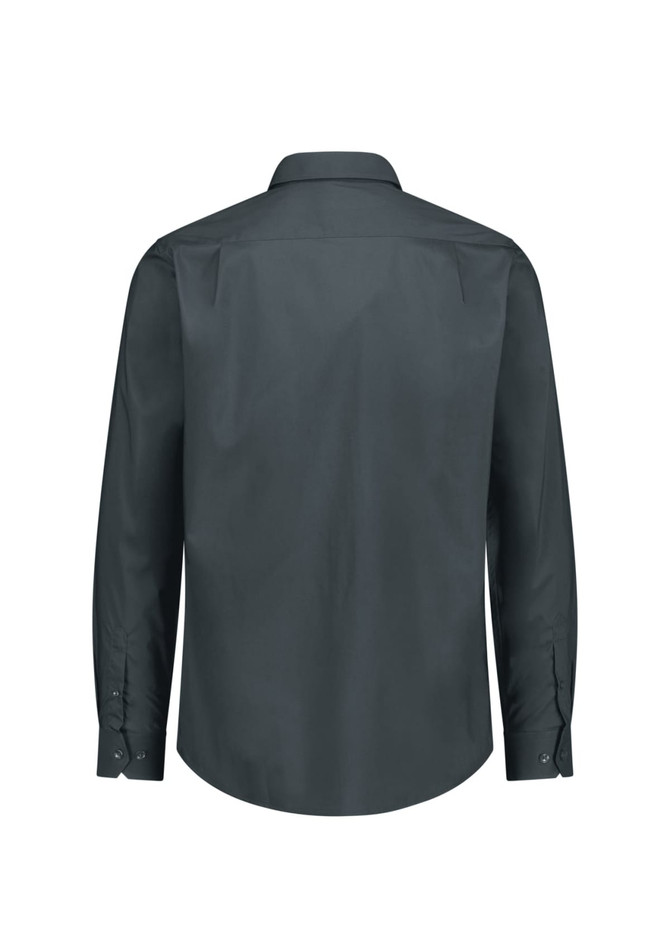 A long sleeve shirt in dark grey with a classic fit, featuring a button-down collar and cuffs. Has branding.