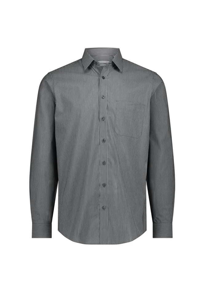 A classic fit long sleeve shirt in black and white stripes, featuring a button-up front and a single chest pocket.