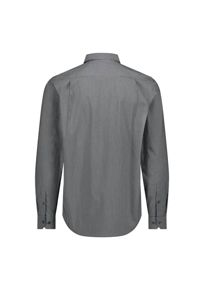 A long sleeve men's shirt in a classic fit featuring a black and white pinstripe pattern and a back view design.