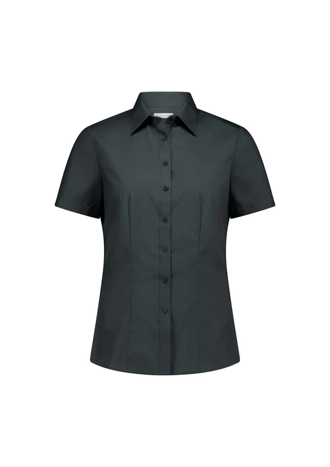 A woman’s short sleeve shirt in dark grey, featuring a collared neckline and button-up front, with a logo present.