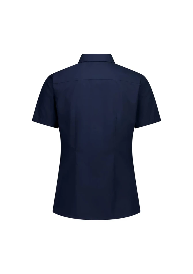 A short sleeve women's shirt in navy blue with a tailored fit and a branding logo.