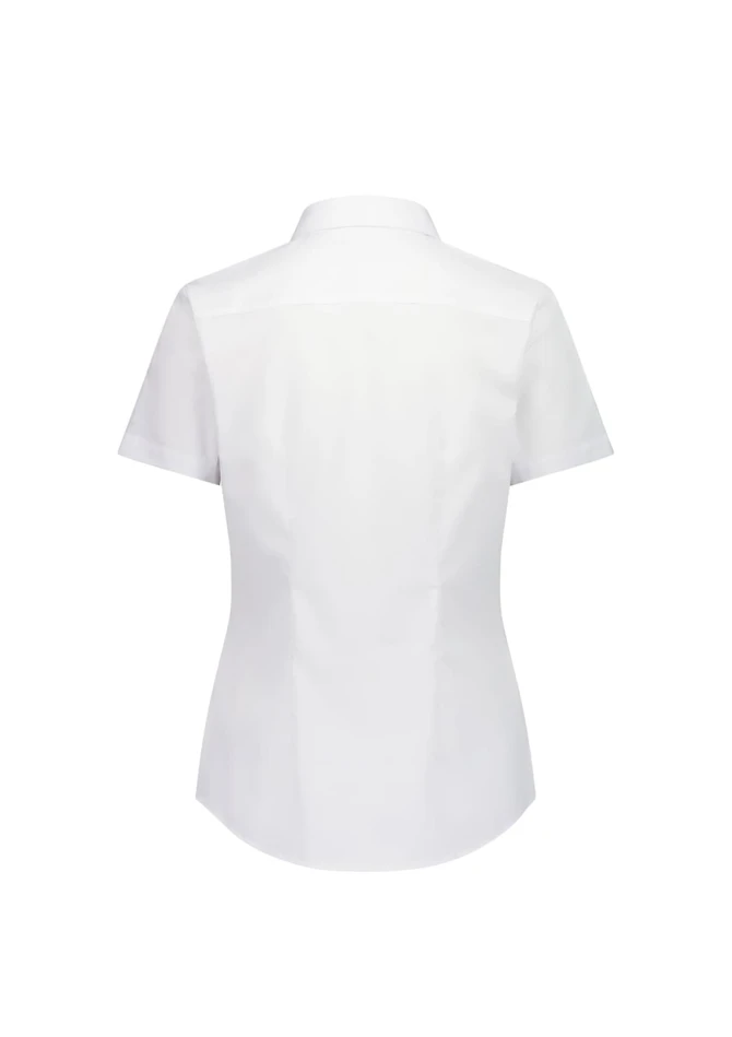 A white short sleeve shirt with a fitted design and a collar, featuring a branding logo on the back.