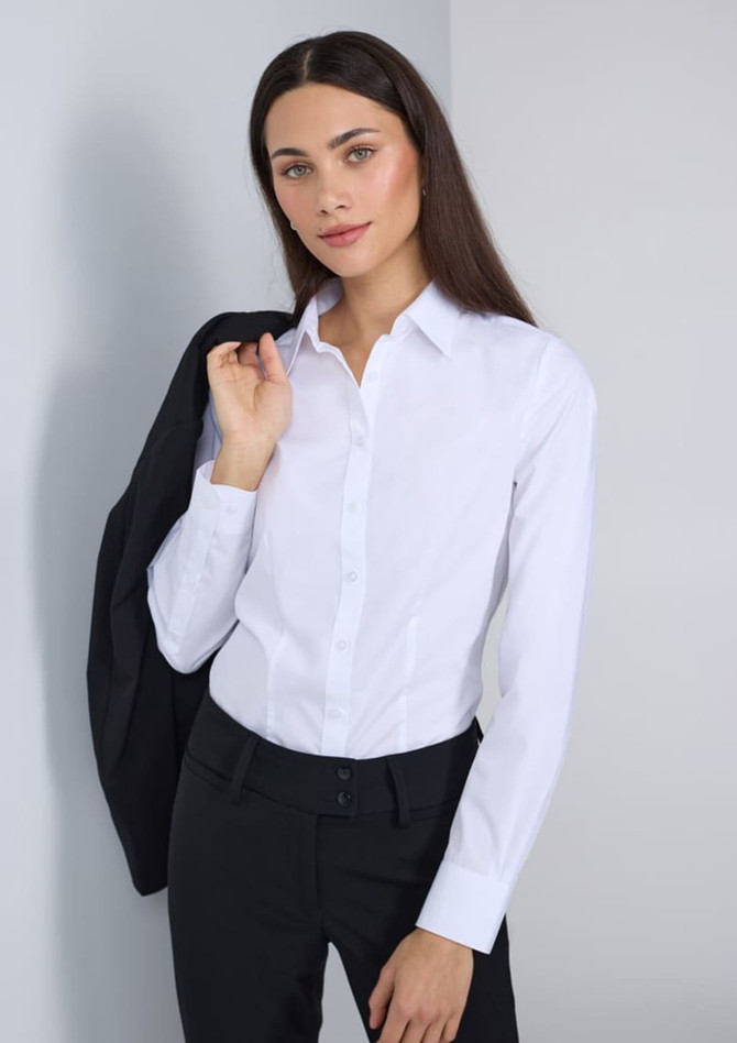 A white long sleeve shirt with a collared neckline, worn by a model holding a black blazer.
