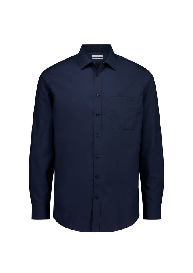 A navy long sleeve shirt with a classic fit and a chest pocket, featuring a button-down collar and a logo.