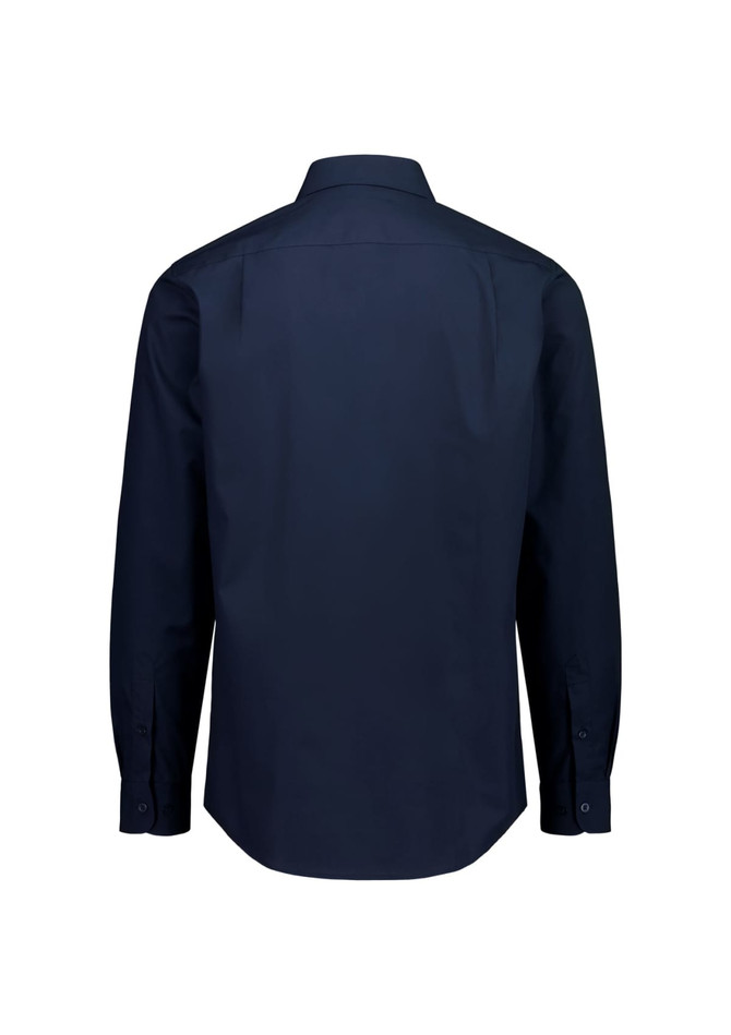 A classic fit long sleeve shirt in navy blue, featuring a back view with a collar and buttoned cuffs.