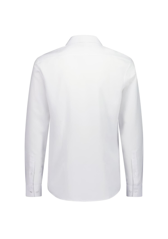 A white long sleeve shirt with a collar and buttoned cuffs, featuring a logo on the label.