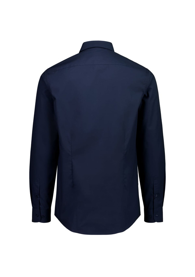A navy blue men's slim fit long sleeve shirt with a collared neck and buttoned cuffs, featuring branding on the back.