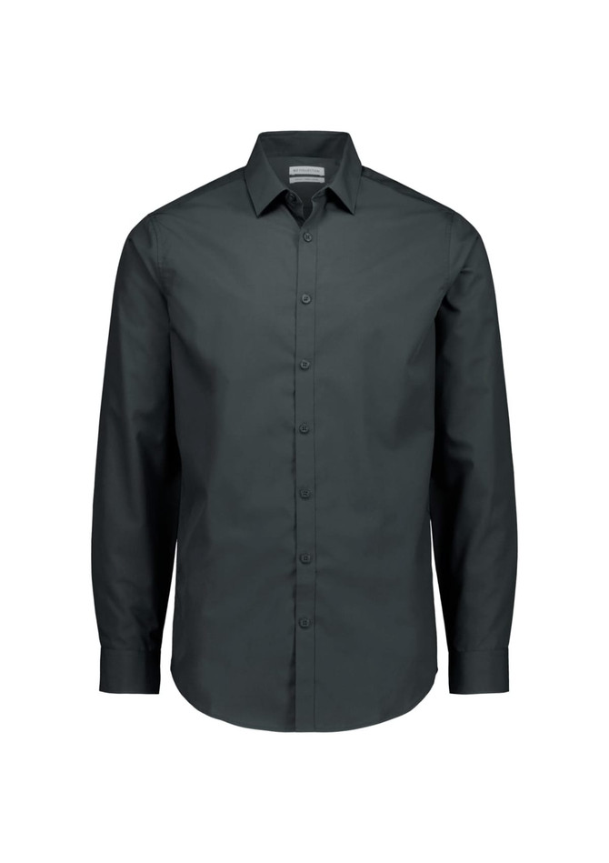 A slim fit long sleeve shirt in dark grey with a collar and button-up front, featuring a logo on the chest.