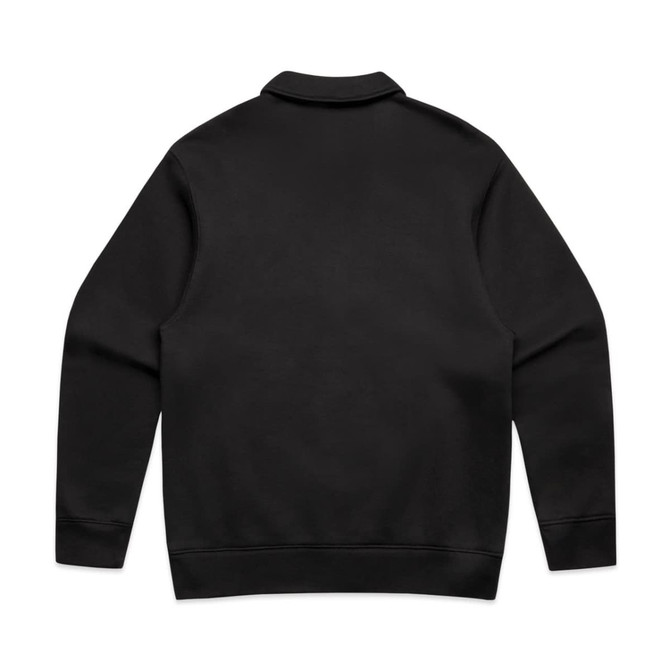 A black collared crew jumper with a simple design, featuring long sleeves and a back view. Includes a branding logo.