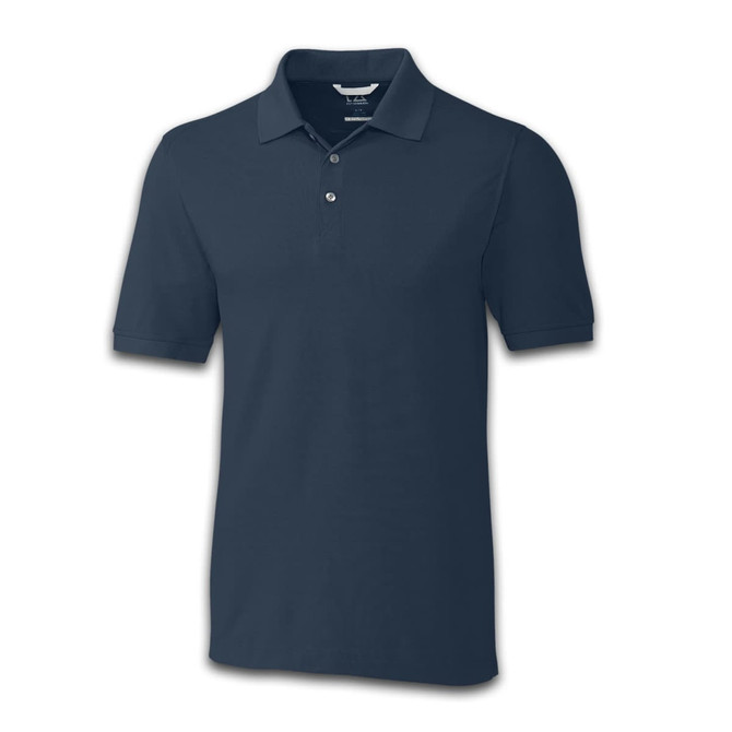 A navy blue men's polo shirt with a collar and three-button placket, featuring a logo on the chest.
