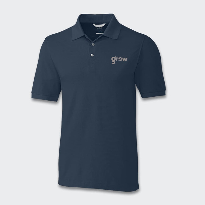 A navy blue polo shirt featuring a logo on the chest and a classic collar design.