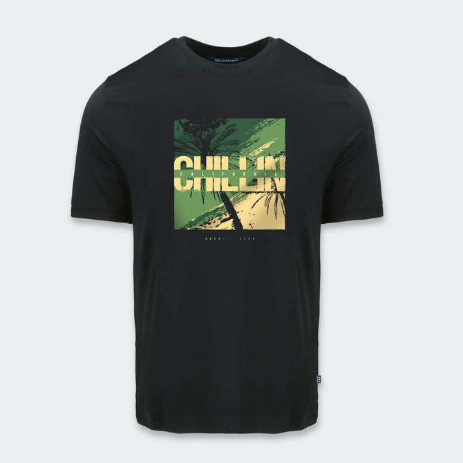 A black T-shirt featuring a graphic design with green and yellow accents, depicting palm trees and the word "CHILLIN".