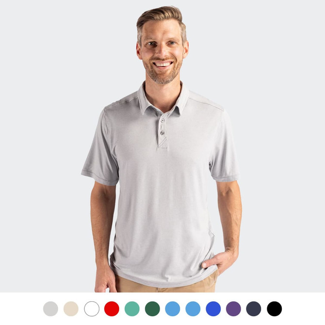 A light grey polo shirt on a smiling man, featuring a collar and buttons, with a branding logo.