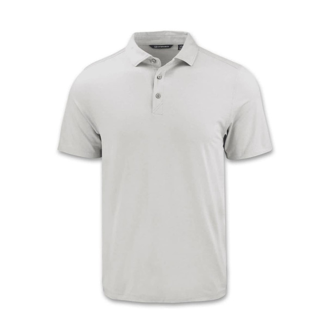 A light grey polo shirt with a collar and three buttons, featuring a logo on the chest.