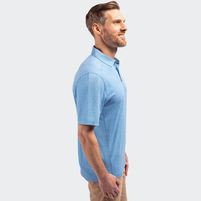 A light blue men's polo shirt displayed on a model from the side, featuring a collar and short sleeves.