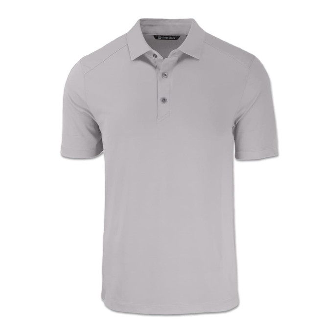 A light grey polo shirt with a collar and three buttons, featuring a logo on the side.