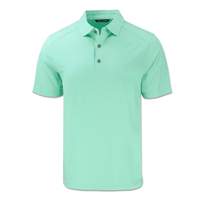 A mint green men's polo shirt with a classic collar and three buttons, featuring a logo.