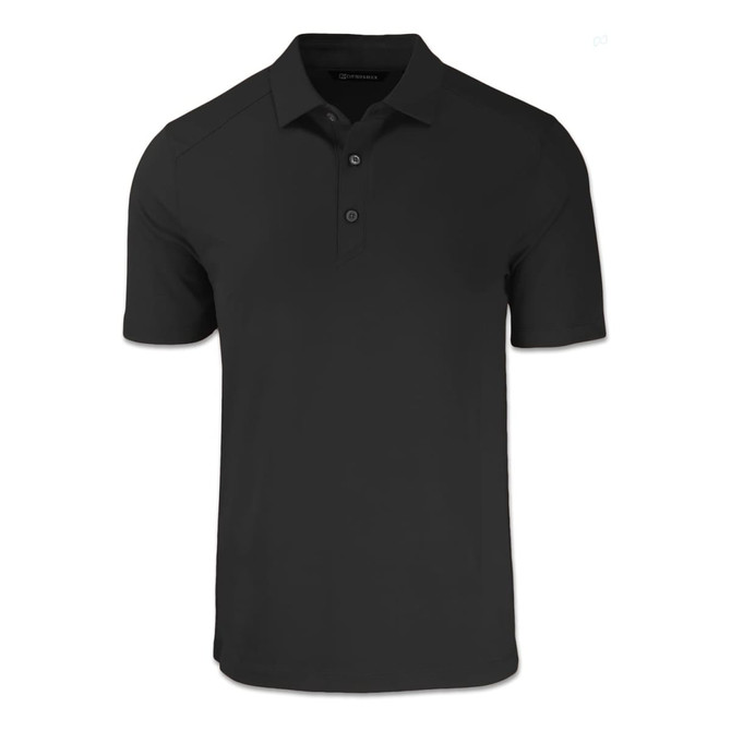 A black men's polo shirt with a collar and three buttons, featuring a logo on the chest.