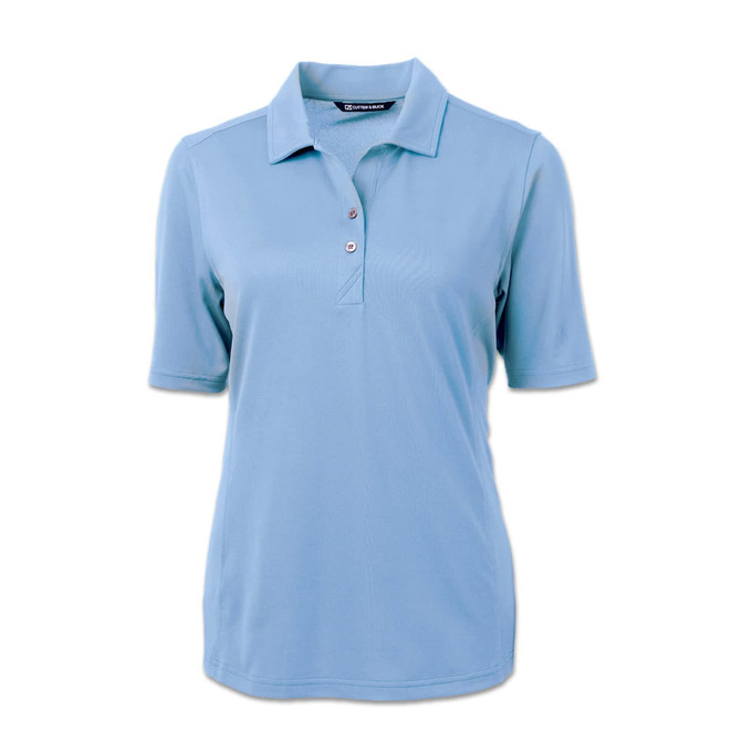 A light blue women's polo shirt with a collared neckline and short sleeves, featuring a logo.