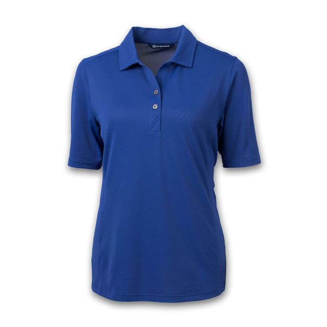 A blue women's polo shirt with a collar and short sleeves, featuring buttons and a logo.