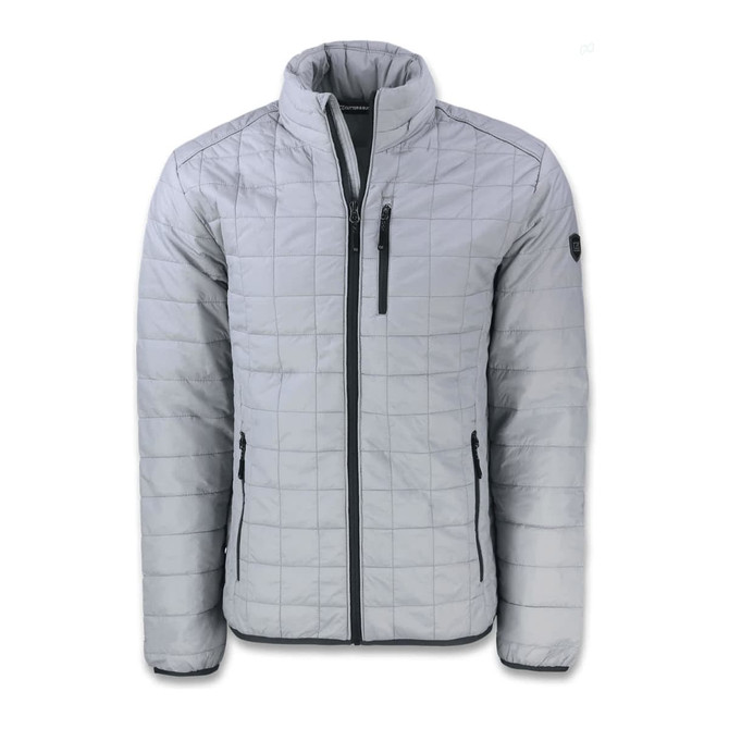 A grey quilted men's jacket featuring a zip front closure and multiple pockets. It has a logo on the sleeve.