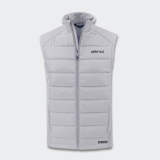 A light grey hybrid vest with a zip closure and logo on the chest, featuring quilted panels.