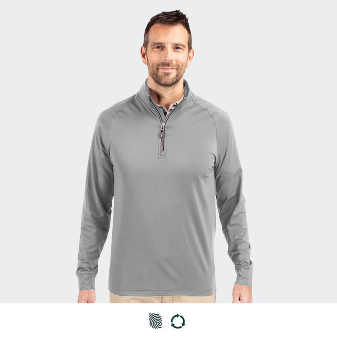 A grey half-zip men's pullover featuring long sleeves and a collar, with a branding logo on the chest.