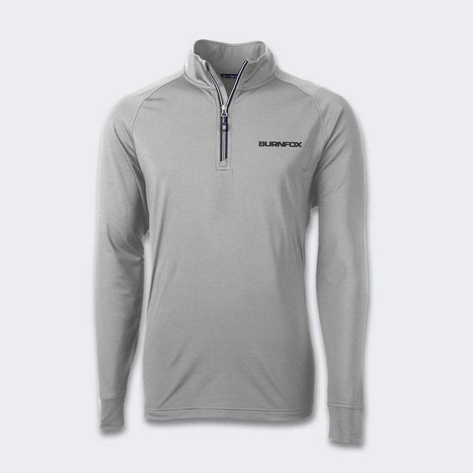 A light grey half-zip men's pullover featuring long sleeves and a logo on the chest.
