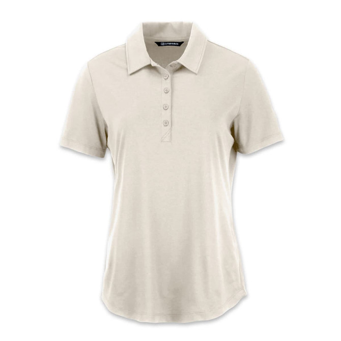 A women's polo shirt in a light beige colour with a classic collar and short sleeves, featuring a logo.