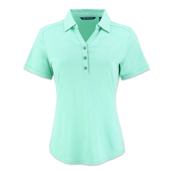 A short-sleeved women's polo in mint green with a collared neck and button detailing, featuring a logo.
