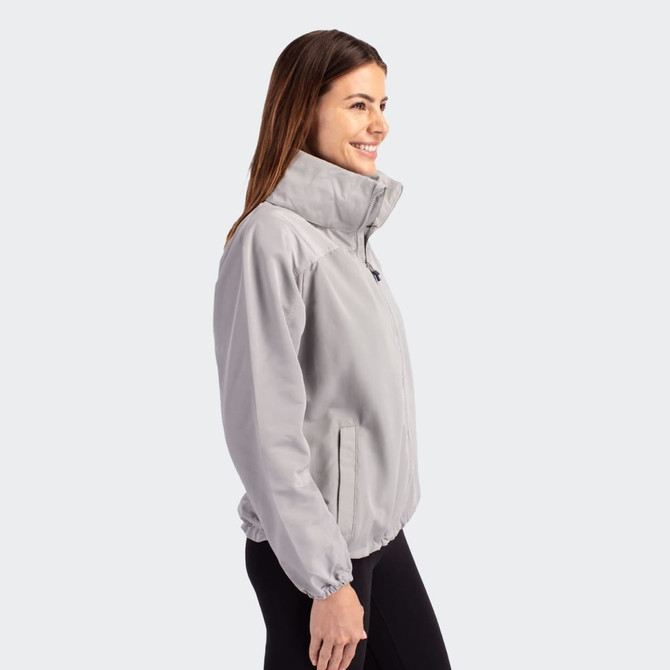 A light grey women's full zip jacket with a high collar and side pockets, featuring a subtle logo.