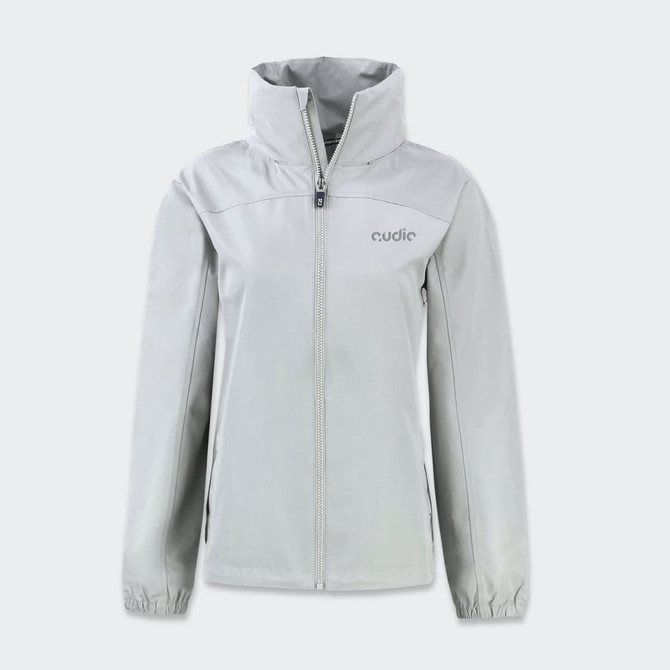 A light grey women's full zip jacket featuring a collar and side pockets, with a branding logo on the front.