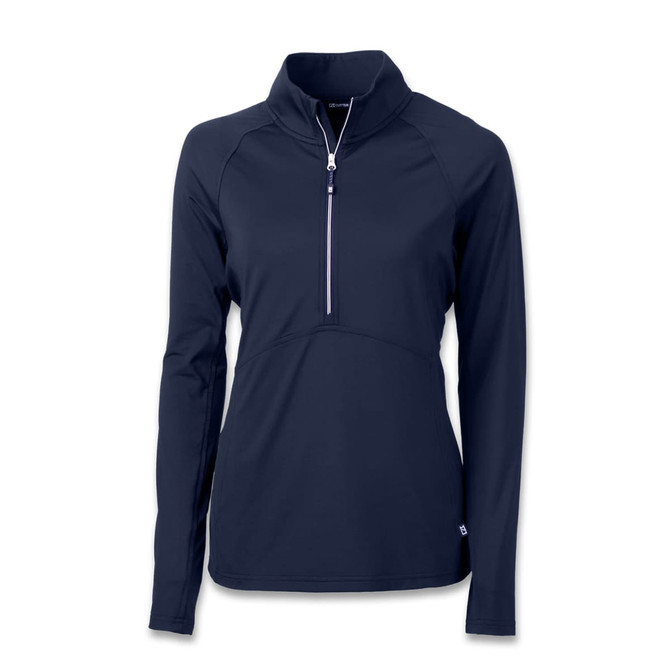 A navy women's half-zip top featuring long sleeves and a zippered collar, with a logo present.