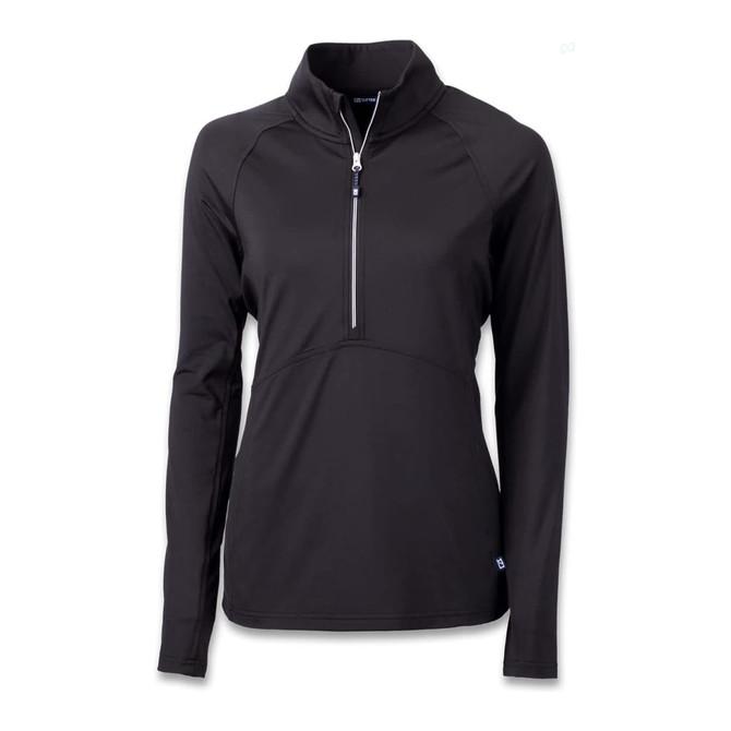 A black half-zip pullover with long sleeves, featuring a zippered collar and a logo on the side.