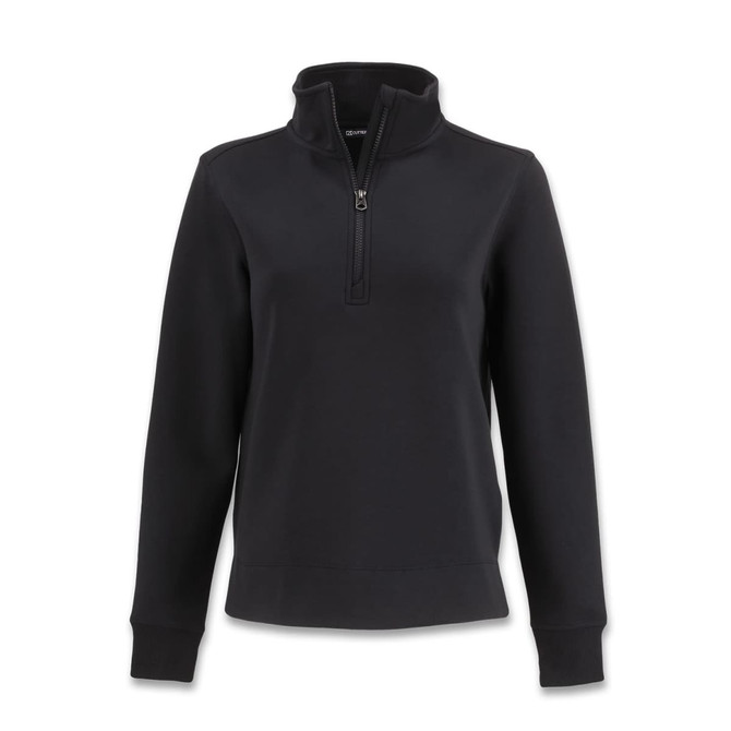 A black women's half zip jacket with long sleeves and a high collar. It includes a branding logo on the jacket.