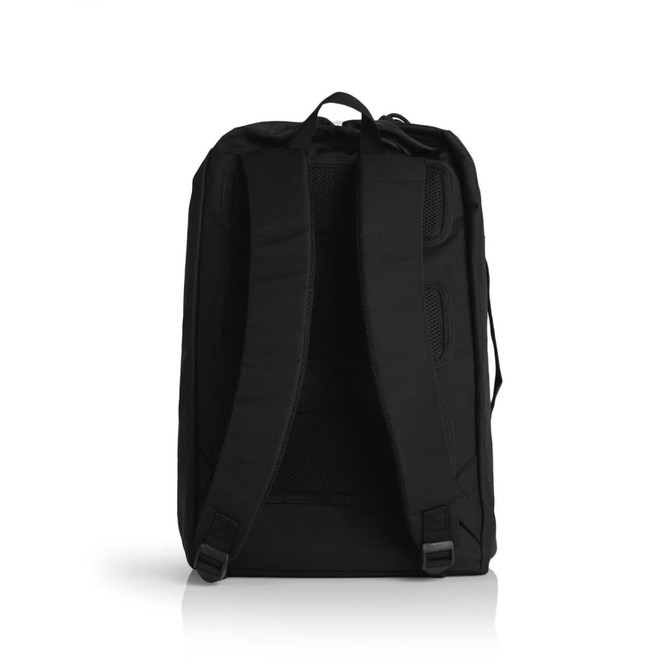 A black rucksack with padded straps and mesh panels on the back, featuring a logo on the exterior.