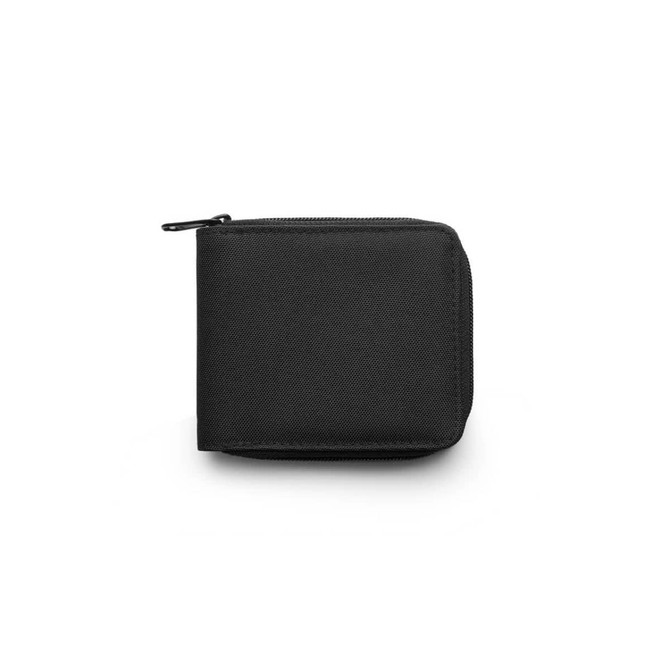 A black recycled zip wallet with a textured surface and a zip closure. It features a logo on the front.