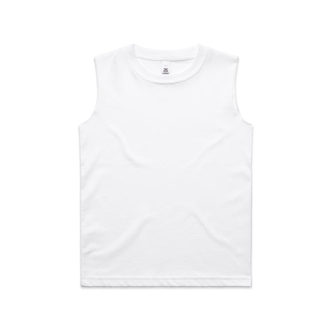 A white sleeveless tank top featuring a logo, designed for kids in a classic style.