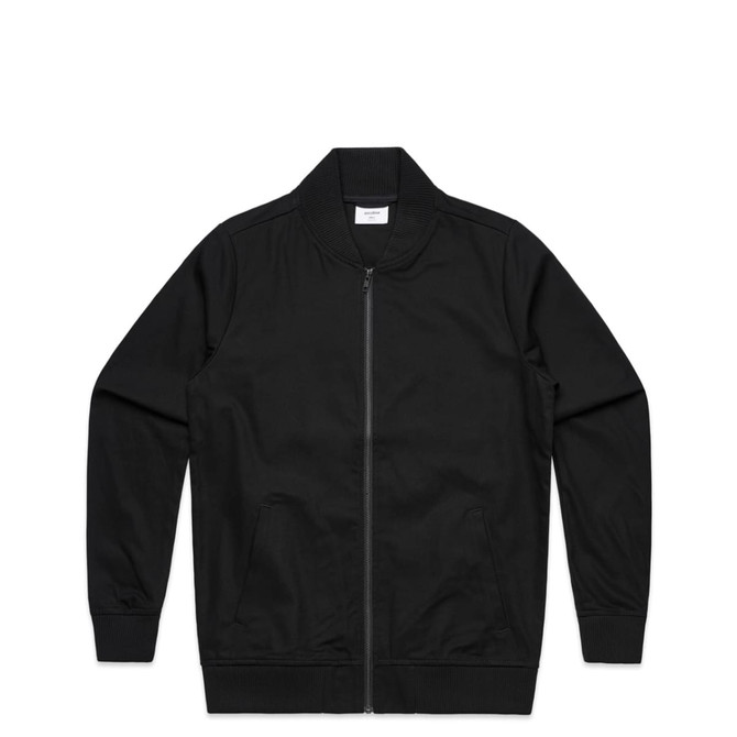 A black bomber jacket with a zip front and ribbed collar and cuffs, featuring a logo.