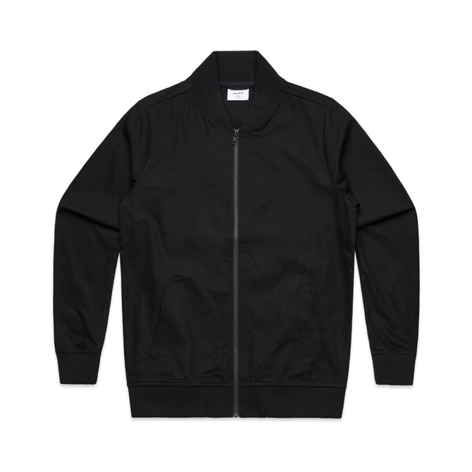A black bomber jacket with a zip front and ribbed collar and cuffs, featuring a logo on the back.