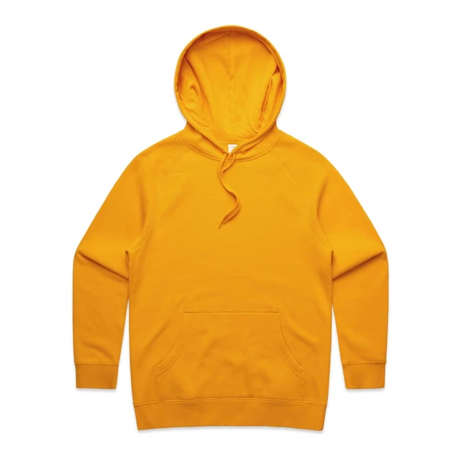 A bright yellow hoodie with a spacious front pocket and an adjustable drawstring hood. It features a logo.