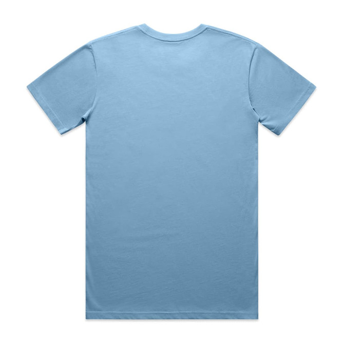 A light blue basic t-shirt featuring a logo on the back, displayed flat against a white background.