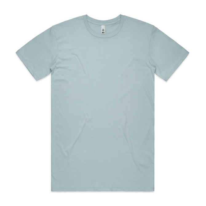 A light blue basic t-shirt with a round neck, short sleeves, and a branding label inside.