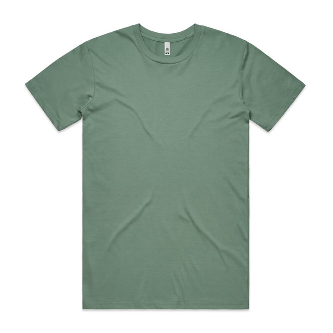 A plain green T-shirt displayed flat, featuring short sleeves and a round neckline. It has a small logo tag.