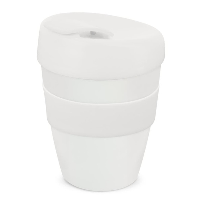 A drink bottle in white, featuring a sleek design with a lid and an integrated silicone band for grip.