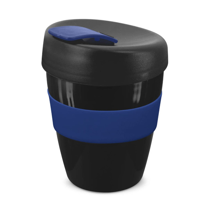 A drink bottle featuring a black cup with a blue silicone band and a matching lid. It has a logo on the side.